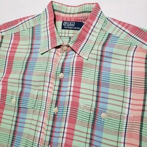 Polo Ralph Lauren Short Sleeve Button Front Linen Cotton‎ Mens Large Plaid